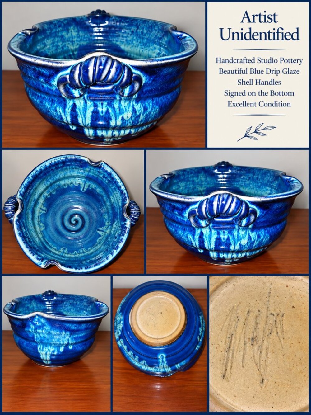 Signed Blue Drip Glaze Studio Pottery Bowl Shell Handles - Artist Unknown
